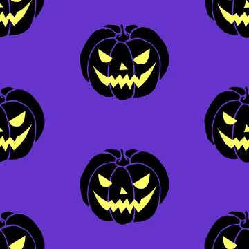 Vector seamless Halloween Pattern. Black silhouettes of pumpkins with glowing イラスト素材