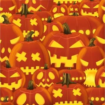 Vector seamless Halloween pattern with set of scary horror realistic pumpkins. Stock Illustration