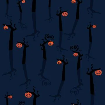 Vector seamless halloween pattern with trees and  hanging Jack'o lanterns Illustrazione stock