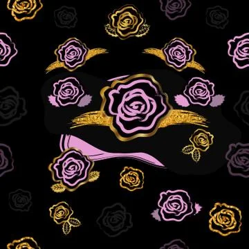 Vector Seamless Hand Brushed Gold Glitter Pattern with the Pink Rose Flowers Stock Illustration