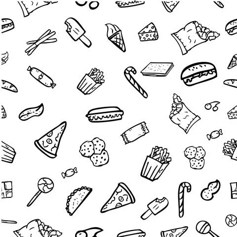 Vector Seamless Hand Draw Sketch Pattern, junk food icon doodle Burger, pizza Stock Illustration