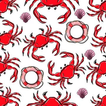 Vector seamless hand drawn colorful pattern with red crab and lifebuoy 库存插图