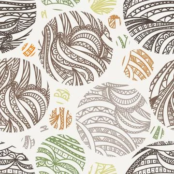 Vector seamless hand-drawn pattern of contour leaves in circles 스톡 일러스트