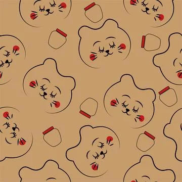 Vector. Seamless hand-drawn pattern of a bear and a barrel of honey. Illustrazione stock