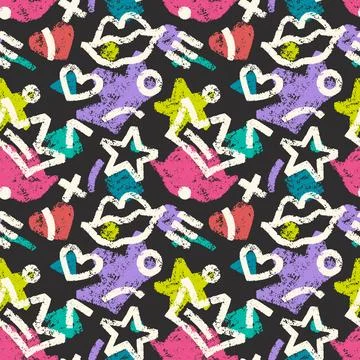 Vector seamless hand-drawn pattern with hearts, circles, stars, stripes, cr.. Stock Illustration