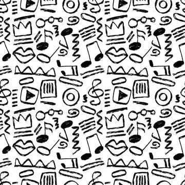 Vector seamless hand-drawn pattern with ovals, swirls, stripes, rectangular.. Illustrazione stock