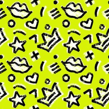 Vector seamless hand-drawn pattern with hearts, circles, stars, stripes, crow Stock Illustration