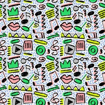 Vector seamless hand-drawn pattern with ovals, swirls, stripes, rectangular.. Illustrazione stock