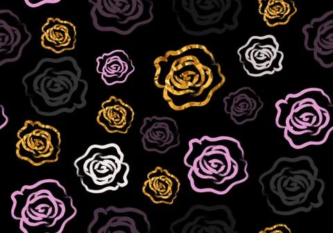 Vector Seamless Hand Drawn Roses with Glitter Gold Effect Stock Illustration
