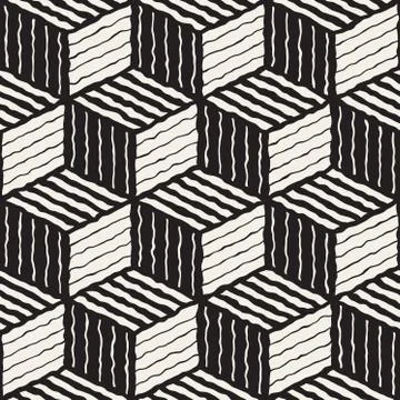 Vector Seamless Hand Painted Line Geometric Stripes Shaded Cube Pattern Illustrazione stock