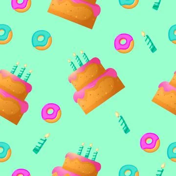 Vector seamless happy birthday pattern. Cake design elements, burning candles イラスト素材