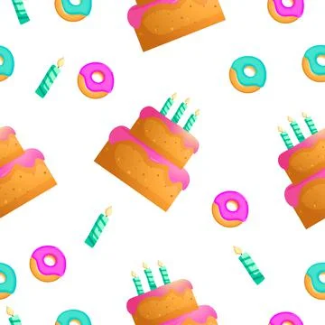 Vector seamless happy birthday pattern. Cake design elements, burning candles Illustrazione stock