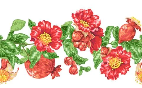Vector seamless horizontal decorative line with blooming pomegranate branches Stock Illustration
