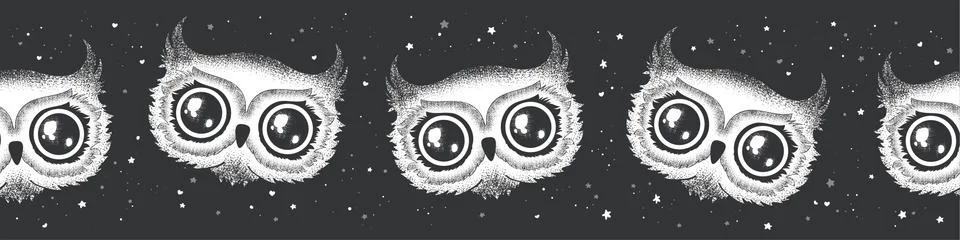 Vector seamless horizontal pattern with black and white hand drawn owls isola Stock Illustration