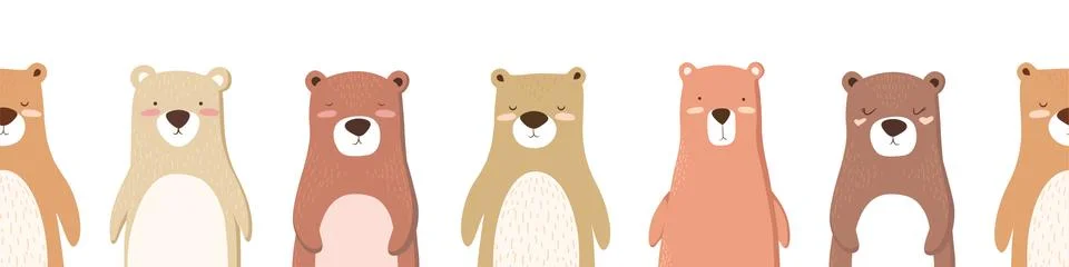 Vector seamless horizontal pattern with cute hand drawn bears characters isol Stock Illustration