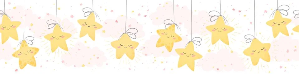 Vector seamless horizontal pattern with cute hand drawn cartoon stars and clo Stock Illustration