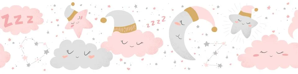 Vector seamless horizontal pattern with cute hand drawn cartoon clouds, moon  Stockillustratie