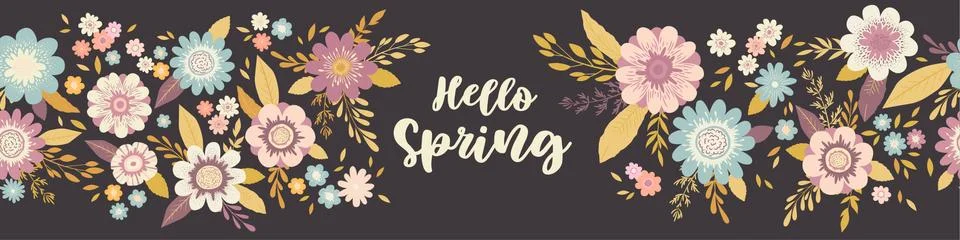 Vector seamless horizontal pattern with hand drawn colorful flowers, leaves a Stock Illustration