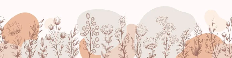Vector seamless horizontal pattern with hand drawn floral elements flowers, l Stock Illustration