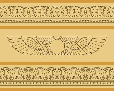 Vector seamless horizontal pattern of winged disk in egyptian style with lotus Stock Illustration
