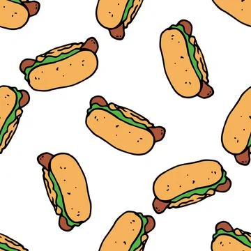 Vector seamless hot dog pattern. handmade street food hot dog pattern in doodle Stock Illustration