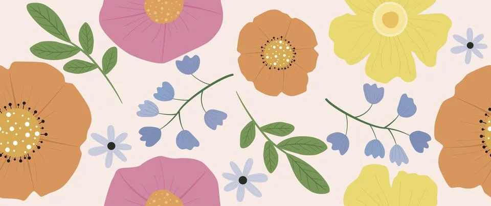 Vector seamless illustration. Abstract summer flowers and leaves on a light Stock Illustration