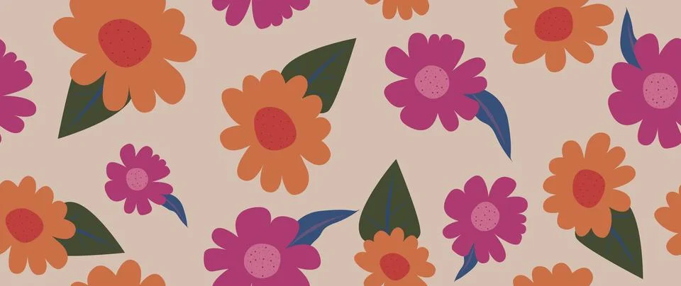 Vector seamless illustration. Cute colored flowers with leaves. Modern spring 库存插图