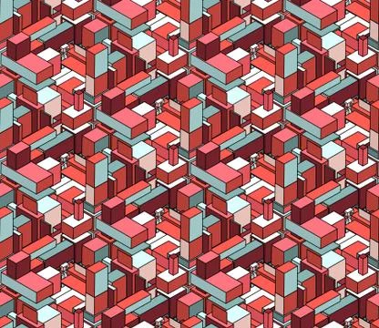 Vector Seamless Isometric Blocks Cubic City Composition Pattern in Pink and Blue Stock Illustration