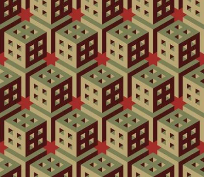 Vector Seamless Isometric Hexagonal Cube Structure  Vintage Pattern in Red and イラスト素材