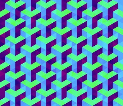 Vector Seamless Isometric Hexagonal Cube Pattern in Blue Lime and Purple Stock Illustration