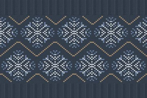 Vector seamless Knitting Pattern in blue, white colors with snowflakes Stock Illustration