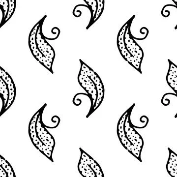 Vector seamless leaf pattern with dots and swirls. tropical leaf black line in Stock Illustration