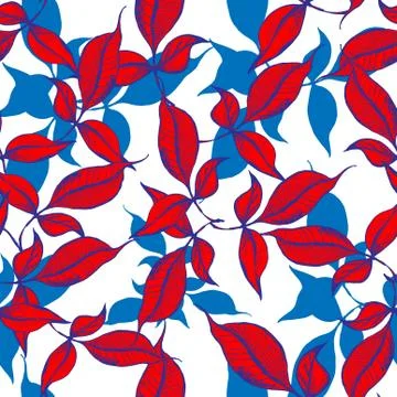 Vector seamless leaves pattern. Red and blue leaves with black ink outline Stock Illustration