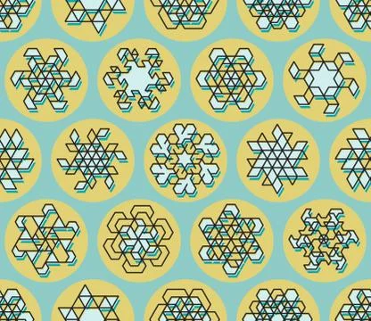 Vector Seamless Line Art Stroke Offset Geometric Teal  Snowflake Shape on Yellow Stock Illustration