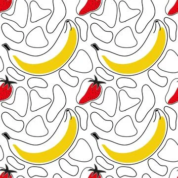 Vector seamless linear pattern with banana and strawberry Stock Illustration