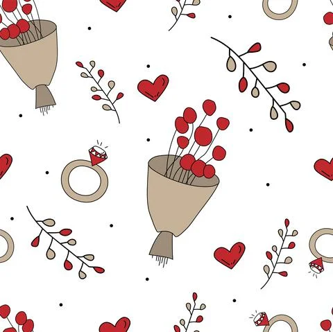 Vector. Seamless love pattern with bouquet, branch, heart, engagement ring, Illustrazione stock