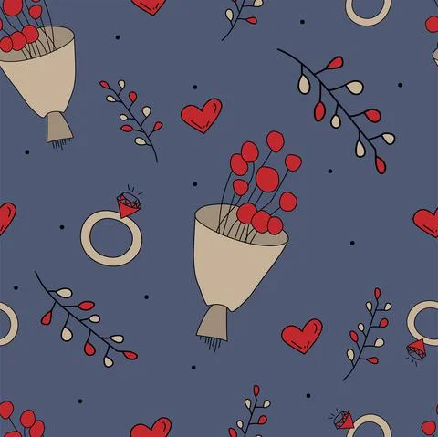 Vector. Seamless love pattern with bouquet, branch, heart, engagement ring, 스톡 일러스트