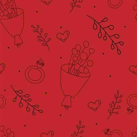 Vector. Seamless love pattern with bouquet, branch, heart, engagement ring, Stock Illustration
