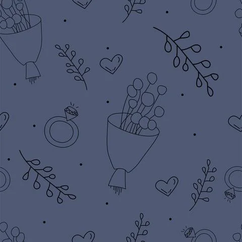 Vector. Seamless love pattern with bouquet, branch, heart, engagement ring, Stockillustratie