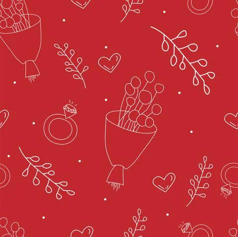 Vector. Seamless love pattern with bouquet, branch, heart, engagement ring, イラスト素材