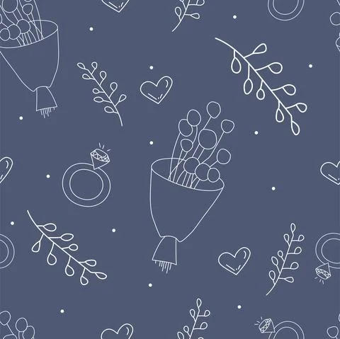 Vector. Seamless love pattern with bouquet, branch, heart, engagement ring, Stock Illustration