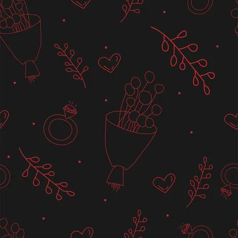 Vector. Seamless love pattern with bouquet, branch, heart, engagement ring, Stock Illustration