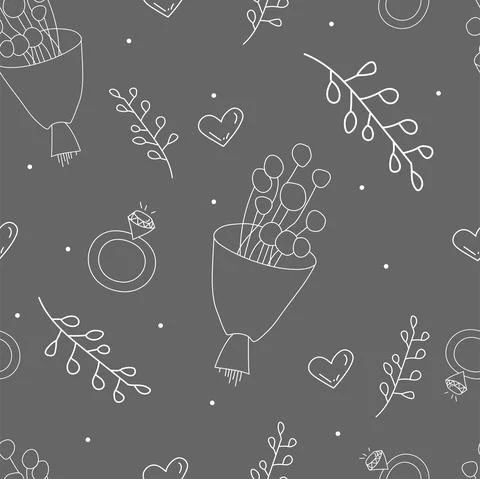 Vector. Seamless love pattern with bouquet, branch, heart, engagement ring, Stockillustratie