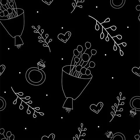 Vector. Seamless love pattern with bouquet, branch, heart, engagement ring, イラスト素材