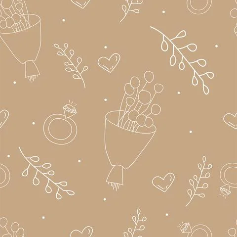 Vector. Seamless love pattern with bouquet, branch, heart, engagement ring, Illustrazione stock