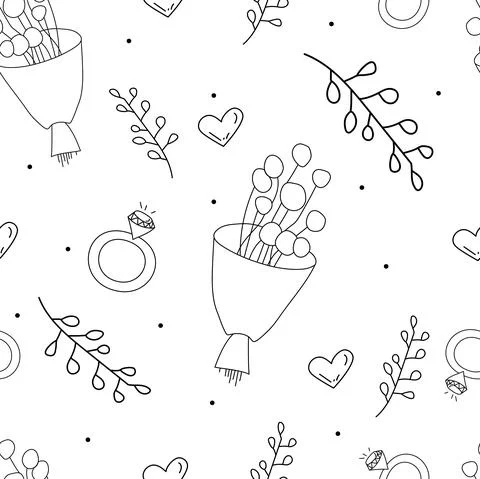 Vector. Seamless love pattern with bouquet, branch, heart, engagement ring, 스톡 일러스트