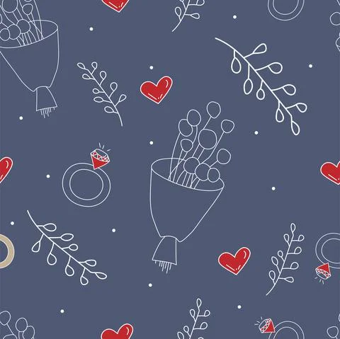 Vector. Seamless love pattern with bouquet, branch, heart, engagement ring, 스톡 일러스트