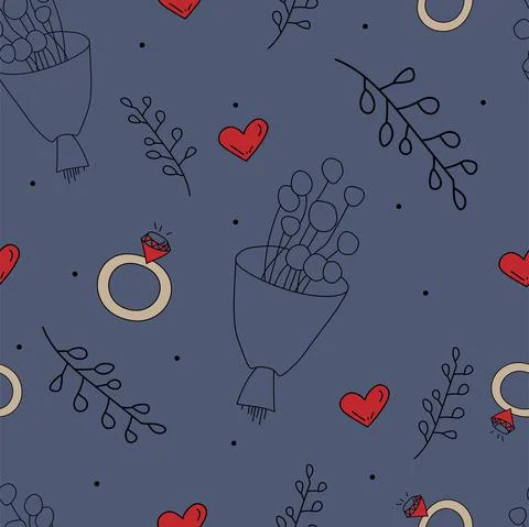 Vector. Seamless love pattern with bouquet, branch, heart, engagement ring, 스톡 일러스트