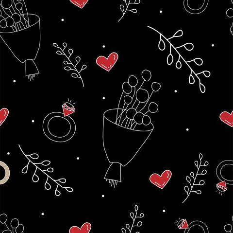 Vector. Seamless love pattern with bouquet, branch, heart, engagement ring, Illustrazione stock