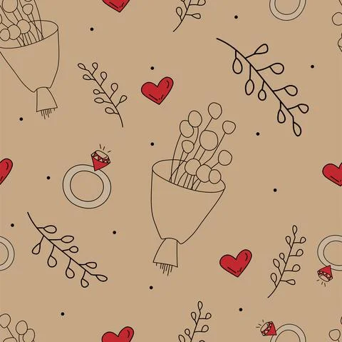 Vector. Seamless love pattern with bouquet, branch, heart, engagement ring, 스톡 일러스트